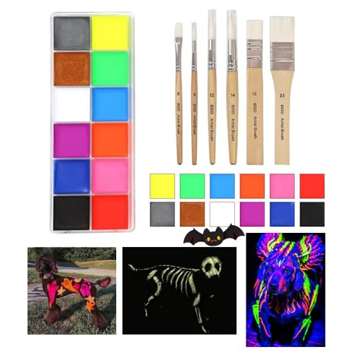 Dlmlemu UV-Neon-Fluoreszierende Tierfarbe, 12 Farben, temporäre Hundehaarfarbe mit Pinsel, ungiftige, leuchtende Farben, Halloween-Tierhaar-Malset, löslich in Terpentin/Make-up-Entferner/Alkohol Dlmlemu UV-Neon-Fluoreszierende Tierfarbe, 12 Farben, temporäre Hundehaarfarbe mit Pinsel, ungiftige, leuchtende Farben, Halloween-Tierhaar-Malset, löslich in Terpentin/Make-up-Entferner/Alkohol von Dlmlemu