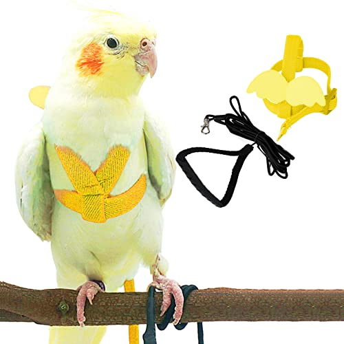 Dnoifne Pet Papagei Vogelgeschirr und Leine, verstellbares Trainings-Design, Anti-Bissschutz, Nylonseil mit süßem Flügel für Papageien, geeignet für Mini-Aras und gleiche Größe Vögel (gelb) von Dnoifne