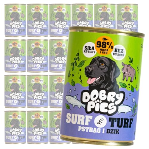 Guter Surf&Turf Geschmack Forelle und Wildschwein Nass Hundefutter Dose 24x400g von Dobry Pies