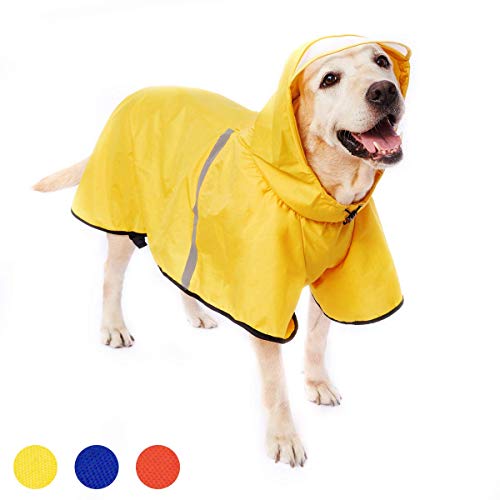 Dociote Hunde Regenmantel Regenjacke mit Kapuze & Kragenloch & Reflektierender Streifen wasserdichter Hundemantel für mittelgroße große Hunde 3XL Gelb von Dociote