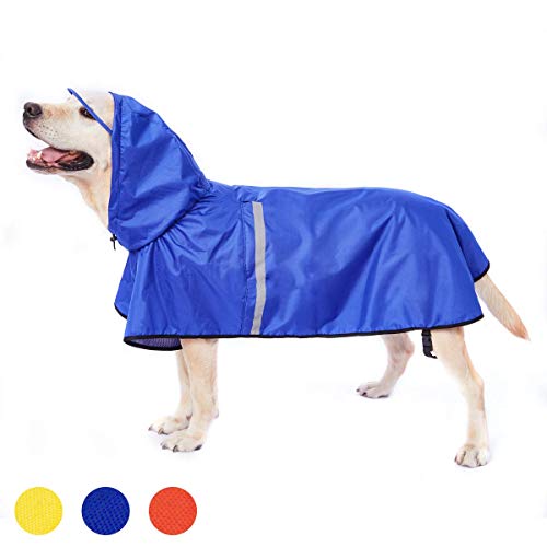 Dociote Hunde Regenmantel Regenjacke mit Kapuze & Kragenloch & Reflektierender Streifen wasserdichter Hundemantel für mittelgroße große Hunde 4XL Blau von Dociote