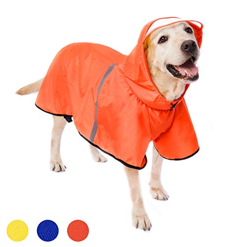 Dociote Hunde Regenmantel Regenjacke mit Kapuze & Kragenloch & Reflektierender Streifen wasserdichter Hundemantel für mittelgroße große Hunde 4XL Orange von Dociote