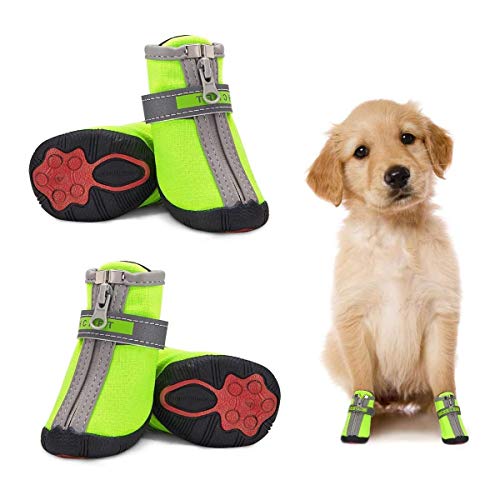 Dociote Hundeschuhe pfotenschutz mit Anti-Rutsch Sohle, reflektierendem Riemen, Klettverschluss, Reißverschluss wasserdicht Schneeschuhe für kleine Hunde 4 Stück Grün 4# von Dociote