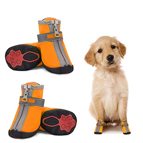 Dociote Hundeschuhe pfotenschutz mit Anti-Rutsch Sohle, reflektierendem Riemen, Klettverschluss, Reißverschluss wasserdicht Schneeschuhe für kleine Hunde 4 Stück Orange 5# von Dociote
