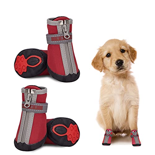 Dociote Hundeschuhe pfotenschutz mit Anti-Rutsch Sohle, reflektierendem Riemen, Klettverschluss, Reißverschluss wasserdicht Schneeschuhe für kleine Hunde 4 Stück Rot 5# von Dociote