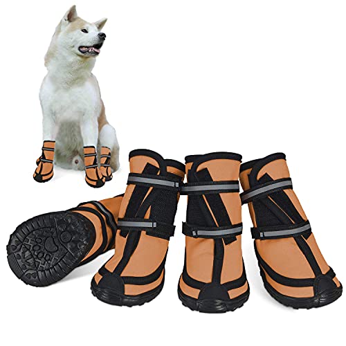 Dociote Hundeschuhe pfotenschutz mit Anti-Rutsch Sohle, reflektierendem Riemen, Klettverschluss wasserdicht Schneeschuhe für mittelgroße große Hunde 4 Stück Orange S von Dociote