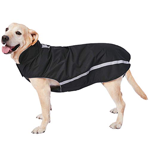 Dociote Wasserdichter Hundemantel Hundejacke mit Kragenloch Klettverschluss Fleece gefüttert reflektierender Wintermantel für mittelgroße große Hunde Schwarz 4XL von Dociote