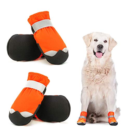 Dociote wasserdichte Hundeschuhe pfotenschutz mit Anti-Rutsch Sohle, reflektierendem Riemen, Klettverschluss Schneeschuhe für mittelgroße große Hunde 4 Stück Orange 6# von Dociote