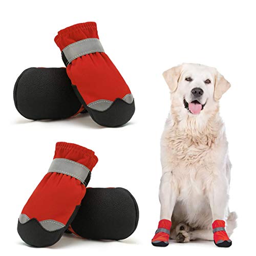 Dociote wasserdichte Hundeschuhe pfotenschutz mit Anti-Rutsch Sohle, reflektierendem Riemen, Klettverschluss Schneeschuhe für mittelgroße große Hunde 4 Stück Rot 5# von Dociote