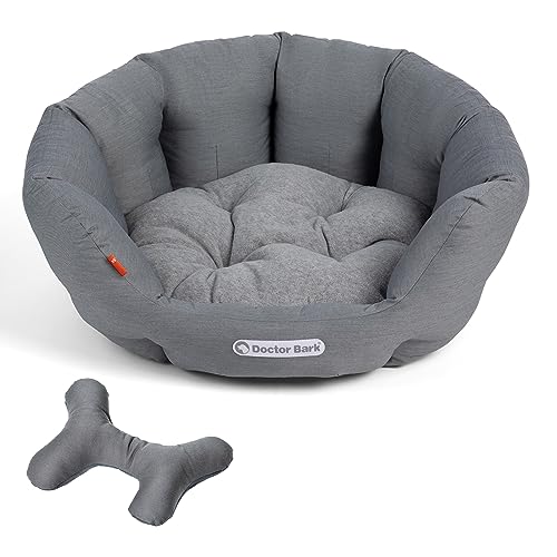 Doctor Bark Hundekorb rund, Hundebett für größere Hunde, Kuschelbett + ToyBone mit flauschigem Wendekissen, orthopädisch, waschbar bis 95°C (L - 60x50 cm, Hellgrau) von Doctor Bark