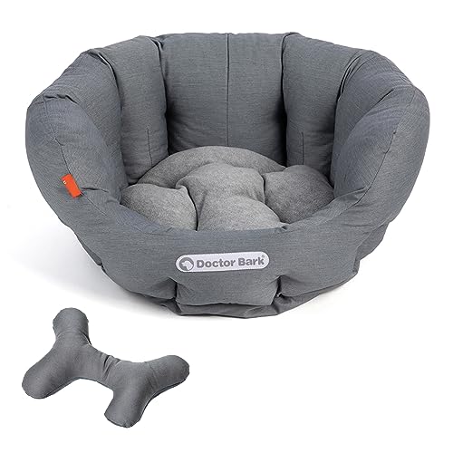 Doctor Bark | Hundekorb rund, Hundebett für kleine/mittlere Hunde, Kuschelbett mit orthopädischem Wendekissen + ToyBone, waschbar bis 95°C, Made in Germany (S - 40x35 cm, Hellgrau) von Doctor Bark