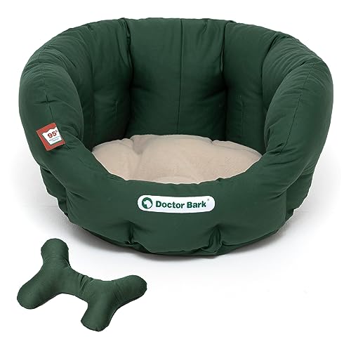 Doctor Bark - Hundebett rund - kuscheliger Hundekorb kleine Hunde mit orthopädischem Wendekissen und ToyBone - Waschbar bis 95°C - Made in Germany (S - 40x35 cm, Grün/Beige) von Doctor Bark