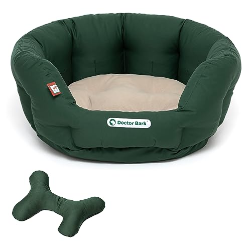 Doctor Bark - Hundebett rund - kuscheliges Hundekörbchen Mittelgroße Hunde mit orthopädischem Wendekissen und Toy-Bone - Waschbar bis 95°C - Made in Germany (M - 50x40 cm, Grün/Beige) von Doctor Bark