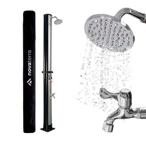 NovaTerra Solardusche schwarz/silber mit 40L Tank - Gartendusche mit Regenduschkopf, Fußdusche, Schutzhaube & Ablageschale - Duschsystem für Garten & Camping, Wassererwärmung bis 60°C ohne Strom von Dönges