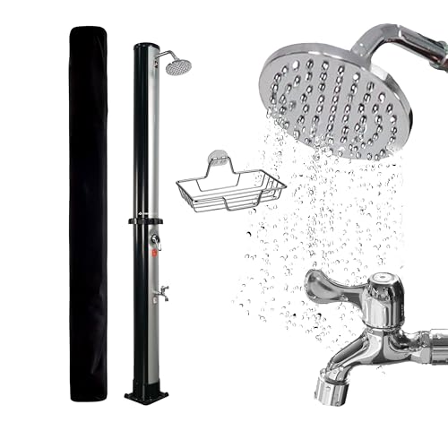 NovaTerra Solardusche schwarz/silber mit 40L Tank - Gartendusche & Campingdusche mit Regenduschkopf, Fußdusche, Schutzhaube & Ablageschale - für Garten & Camping, Wassererwärmung bis 60°C ohne Strom von Dönges