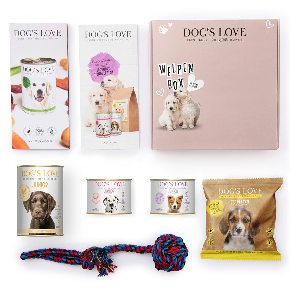 DOG'S LOVE Welpenfutter Testbox mit 2 x 200g Dosen 1 x 400g Dose 1 x Trockenfutter 1 x Spielzeug 1 x DL Folder | Hundefutter für Welpen von Dog's Love