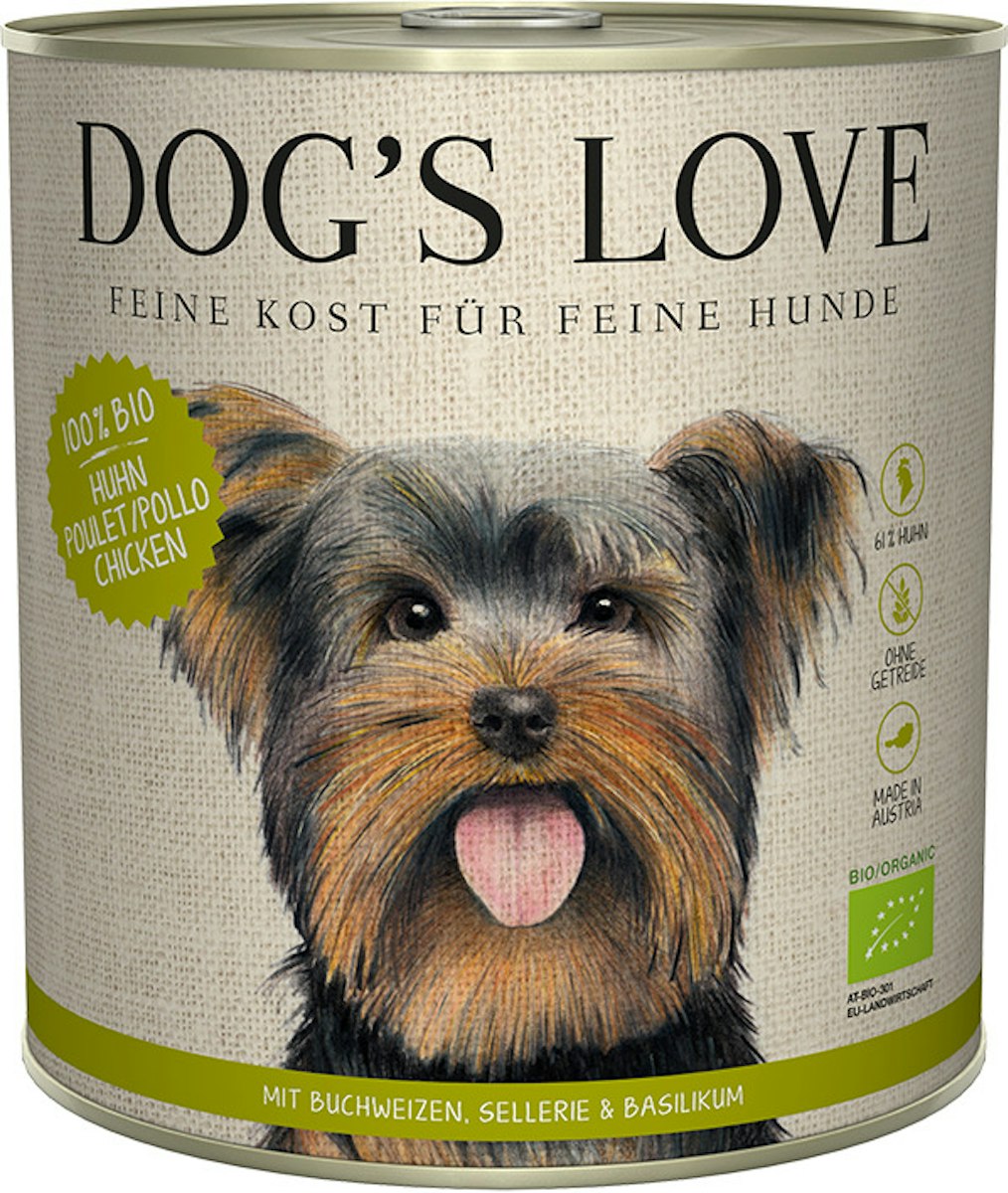 Dog's Love Bio 800g Dose Hundenassfutter Sparpaket 12 x 800 Gramm Huhn mit Buchweizen, Sellerie & Basilikum