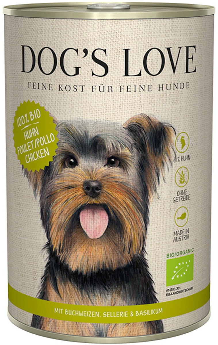 Dog's Love Bio 400g Dose Hundenassfutter Sparpaket 12 x 400 Gramm Huhn mit Buchweizen, Sellerie & Basilikum