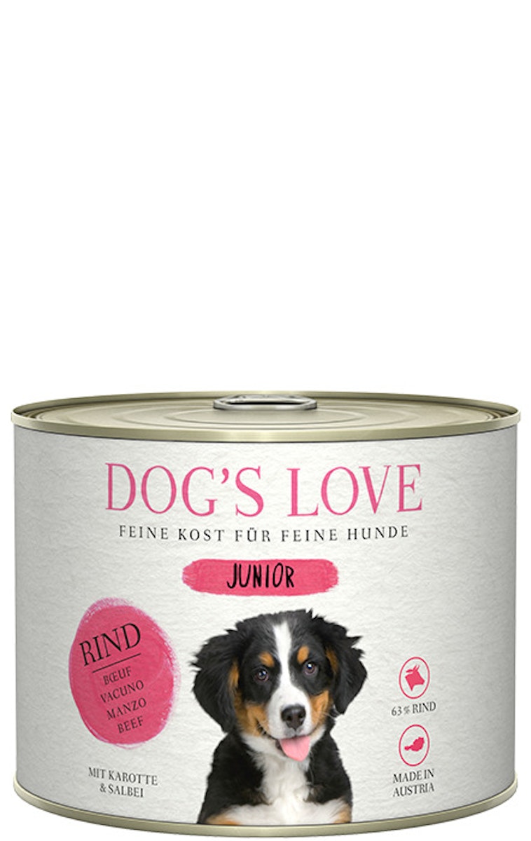 Dog's Love Junior 200g Dose Hundenassfutter Sparpaket 12 x 200 Gramm Rind mit Karotte & Salbei