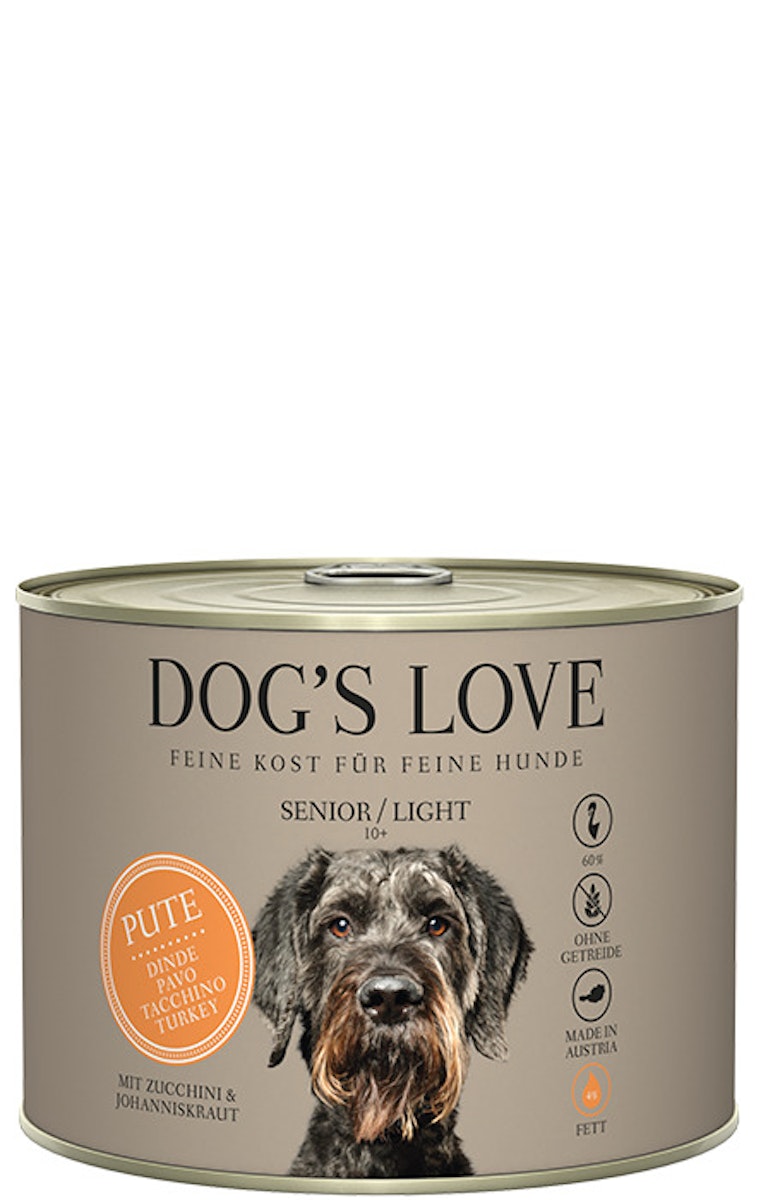 Dog's Love Senior 200g Dose Hundenassfutter Sparpaket 12 x 200 Gramm Pute & Light mit Zucchini & Johanneskraut