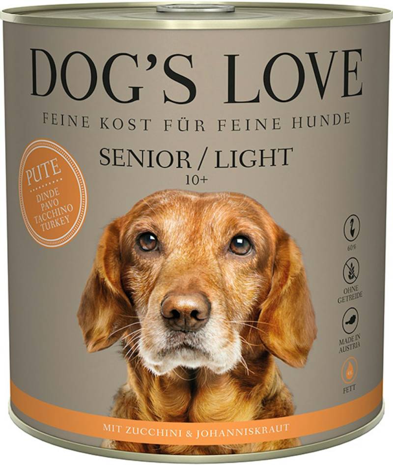 Dog's Love Senior 800g Dose Hundenassfutter Sparpaket 12 x 800 Gramm Pute & Light mit Zucchini & Johanneskraut