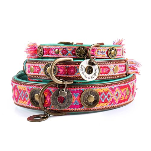 Dog with a Mission - Hundehalsband XXL | Farbenfroh in Rosa und Türkis | Boho, Ethno, Ibiza, Hippie | Ideal für extra grote Hunde | Handgemacht | Modisch und Bunt | Aus weichem Echtes Leder | 4 cm Breit von Dog with a Mission