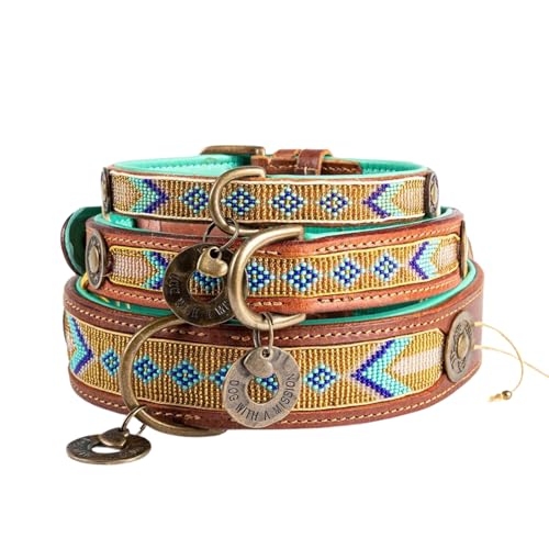 Dog with a Mission - Hundehalsband M | Türkis und Gold, geometrisches Perlenmuster | Boho, Ethno, Hippie | Mittelgroße Hunde | Handgemacht | Modisch und Bunt | Weiches Echtes Leder | 2,5 cm Breit von Dog with a Mission