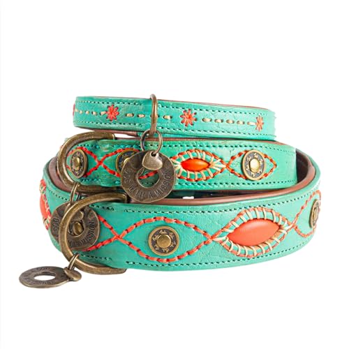 Dog with a Mission - Hundehalsband S | Türkises Leder, Orange | Hübsch, Boho, Ethno, Urban, Hippie | Kleine Hunde | Handgemacht | Modisch und Bunt | Aus weichem Echtes Leder | Luxe | 2 cm Breit von Dog with a Mission