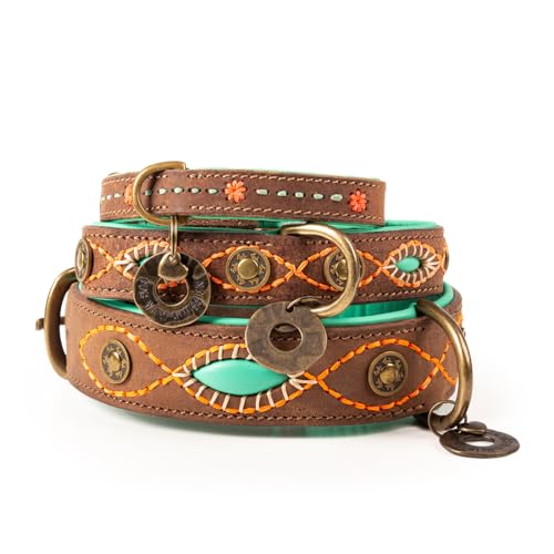 Dog with a Mission - Hundehalsband L | Braun, Mint, Bestickt | Boho, Ethno, Urban, Hippie | Große Hunde | Handgemacht | Modisch und Bunt | Aus weichem Echtes Leder | 4 cm Breit von Dog with a Mission