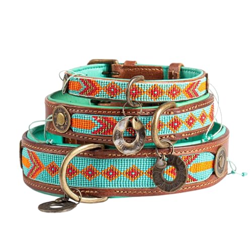 Dog with a Mission - Hundehalsband S | Farbenfroh Türkis, Orange mit Perlen | Boho, Ethno, Ibiza, Hippie | Kleine Hunde | Handgemacht | Modisch und Bunt | Aus weichem Echtes Leder | 2 cm Breit von Dog with a Mission
