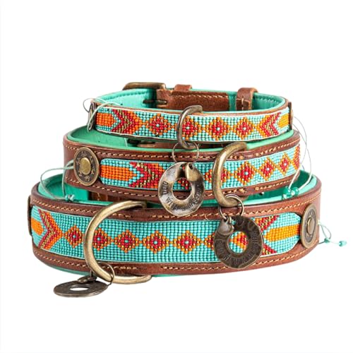 Dog with a Mission - Hundehalsband XL | Farbenfroh Türkis, Orange mit Perlen | Boho, Ethno, Ibiza, Hippie | Extra große Hunde | Handgemacht | Modisch und Bunt | Aus weichem Echtes Leder | 4 cm Breit von Dog with a Mission