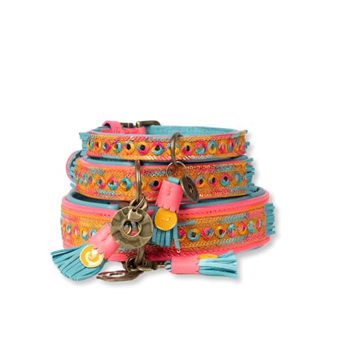 Dog with a Mission - Hundehalsband XXS | Indian Summer | Leder Rosa, blau, gelb | Hübsch, Boho, Hippie | Kleine Hunde | Handgemacht | Modisch und Bunt | Aus weichem Echtes Leder | Luxe | 1,5 cm Breit von Dog with a Mission