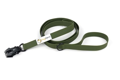 DogNerd Taktische Hundeleine für mittelgroße bis mittelgroße Hunde (1,8 m), PVC-beschichtetes Nylon, robuste Leine mit QuickRelease-Frosch-Clip, integrierter G-Clip-Griff, Trainingsleine, Armeegrün, von DogNerd
