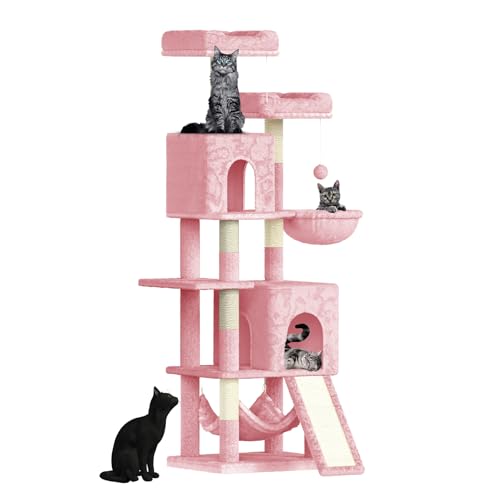 Dogat 158cm Kratzbaum, Mehrstöckiger Katzenturm für in Tür Katzen, mit 7 Kratzsäulen, 2 Plattformen, 2 Katzenhäuser & 2 Hängematten, Rosa von Dogat