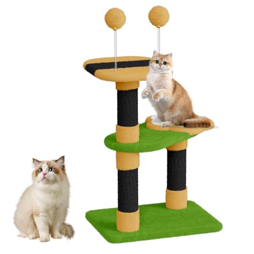 Dogat Bee Design Katzenbaum, 75 cm Blume Katzenturm mit 2 Spielzeugbällen für Indoor Katzen, Katzenturm mit Kratzbaum, Grün + Tiefgelb von Dogat