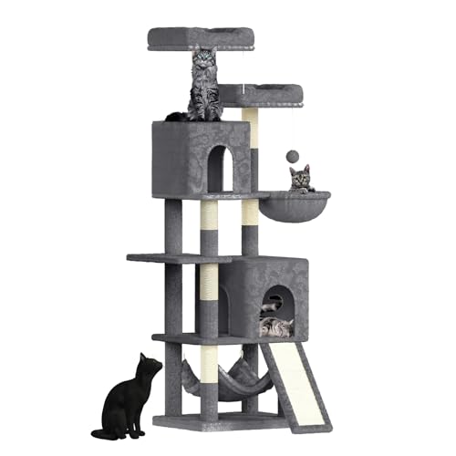 Dogat Katzenbaum, 158 cm Katzenturm für in der Tür, Katzen-Aktivitätszentrum mit 7 Kratzbäumen, Katzenkletterbaum mit 2 Sitzstangen, 2 Katzenhäuser und 2 Hängematten, Dunkelgrau von Dogat