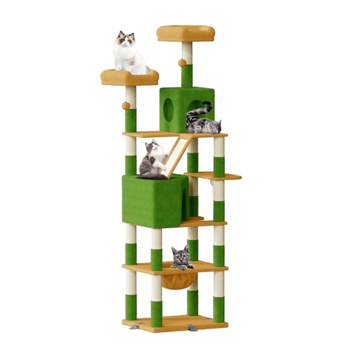 Dogat Katzenbaum Groß, Katzenbaum XXL, Katzen Kratzbaum Groß, Kippsicher, mit 3 Exklusiv Verstärkungsclips, 208 cm hoch, 16 Kratzsäulen, Katzenhaus und Hängematte, Kratzbrett (Grün + Gelb) von Dogat