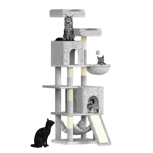 Dogat Katzenbaum Katzenklettergerüst Katzenturm für in Tür Katzen 158cm mit 7 Kratzstämmen mit 2 Sitzstangen 2 Katzenhäuser 2 Hängematten Hellgrau von Dogat