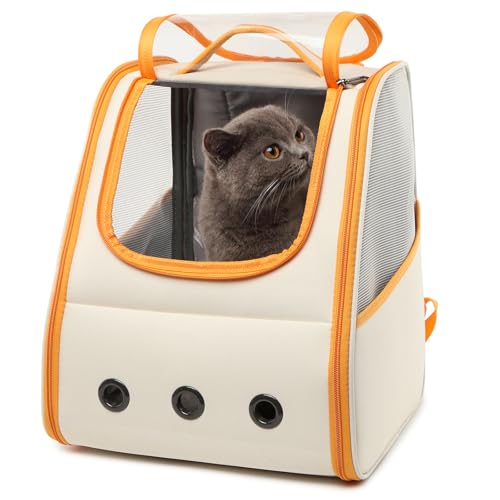 Dogat Katzenrucksack, Faltbar, Haustier Rucksäcke für Katzen Hunde, Leicht, Stabil & Multifunktional mit Seitlichen und Oberen Öffnungen, Opening-Mesh Fenstertaschen, Orange+Weiß von Dogat
