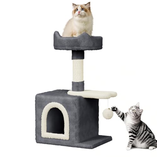 Dogat Kleiner Katzenbaum 70 cm - Gemütliches Katzenhaus mit geräumiger Höhle, Katzenohren Design, Fischspringplattform, Dunkelgrau Dogat Kleiner Katzenbaum 70 cm - Gemütliches Katzenhaus mit geräumiger Höhle, Katzenohren Design, Fischspringplattform, Dunkelgrau von Dogat