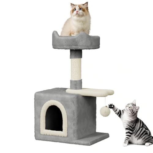 Dogat Kleiner Katzenbaum 70 cm - Gemütliches Katzenhaus mit geräumiger Höhle, Katzenohren Design, Fischspringplattform, Grau Dogat Kleiner Katzenbaum 70 cm - Gemütliches Katzenhaus mit geräumiger Höhle, Katzenohren Design, Fischspringplattform, Grau von Dogat