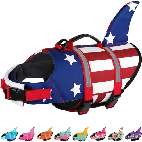 Dogcheer Hundeschwimmweste Hai, amerikanische Flagge, Hundeschwimmweste zum Schwimmen, Bootfahren, mit hohem Auftrieb und Rettungsgriff, verstellbare Welpen-Schwimmweste, Schwimmweste, Schwimmweste von Dogcheer