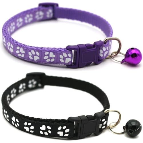 Doggie Style Store Halsbänder für kleine Hunde, Welpen, Katzen, Kätzchen, Pfotenabdruck, Nylon, mit Glöckchen, 2 Farben, Violett und Schwarz, 2 Stück Doggie Style Store Halsbänder für kleine Hunde, Welpen, Katzen, Kätzchen, Pfotenabdruck, Nylon, mit Glöckchen, 2 Farben, Violett und Schwarz, 2 Stück von Doggie Style Store