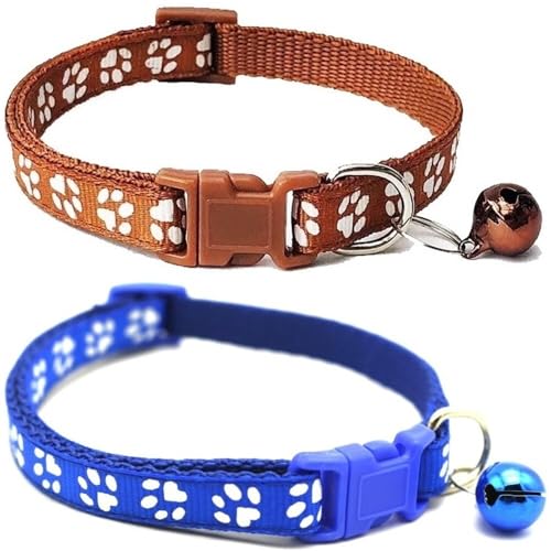 Doggie Style Store Halsbänder für kleine Hunde, Welpen, Katzen, Kätzchen, Pfotenabdruck, Nylon, mit Glöckchen, zwei Farben, Braun und Blau, 2 Stück Doggie Style Store Halsbänder für kleine Hunde, Welpen, Katzen, Kätzchen, Pfotenabdruck, Nylon, mit Glöckchen, zwei Farben, Braun und Blau, 2 Stück von Doggie Style Store