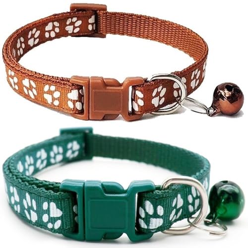 Doggie Style Store Halsbänder für kleine Hunde, Welpen, Katzen, Kätzchen, Pfotenabdruck, Nylon, mit Glöckchen, zwei Farben, Braun und Dunkelgrün, 2 Stück Doggie Style Store Halsbänder für kleine Hunde, Welpen, Katzen, Kätzchen, Pfotenabdruck, Nylon, mit Glöckchen, zwei Farben, Braun und Dunkelgrün, 2 Stück von Doggie Style Store