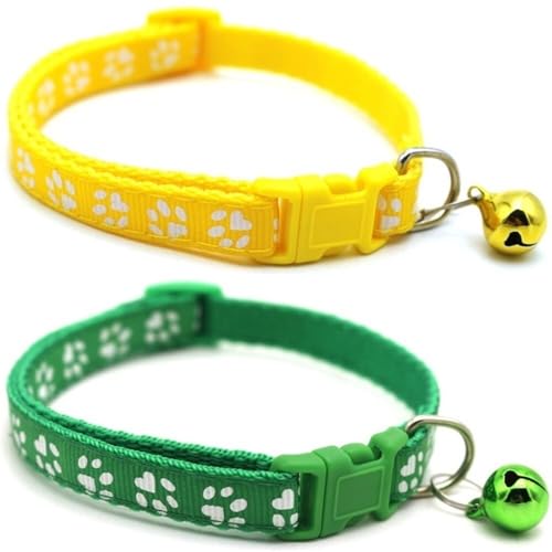 Doggie Style Store Halsbänder für kleine Hunde, Welpen, Katzen, Kätzchen, Pfotenabdruck, Nylon, mit Glöckchen, zwei Farben, Gelb und Grün, 2 Stück Doggie Style Store Halsbänder für kleine Hunde, Welpen, Katzen, Kätzchen, Pfotenabdruck, Nylon, mit Glöckchen, zwei Farben, Gelb und Grün, 2 Stück von Doggie Style Store