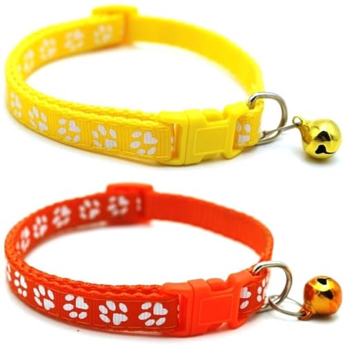 Doggie Style Store Halsbänder für kleine Hunde, Welpen, Katzen, Kätzchen, Pfotenabdruck, Nylon, mit Glöckchen, zwei Farben, Gelb und Orange, 2 Stück Doggie Style Store Halsbänder für kleine Hunde, Welpen, Katzen, Kätzchen, Pfotenabdruck, Nylon, mit Glöckchen, zwei Farben, Gelb und Orange, 2 Stück von Doggie Style Store