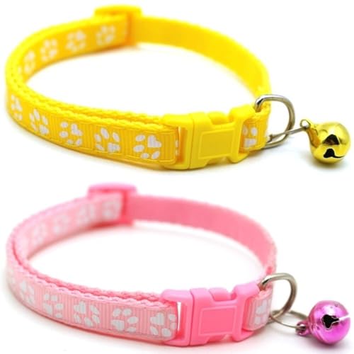 Doggie Style Store Halsbänder für kleine Hunde, Welpen, Katzen, Kätzchen, Pfotenabdruck, Nylon, mit Glöckchen, zwei Farben, Gelb und Rosa, 2 Stück Doggie Style Store Halsbänder für kleine Hunde, Welpen, Katzen, Kätzchen, Pfotenabdruck, Nylon, mit Glöckchen, zwei Farben, Gelb und Rosa, 2 Stück von Doggie Style Store