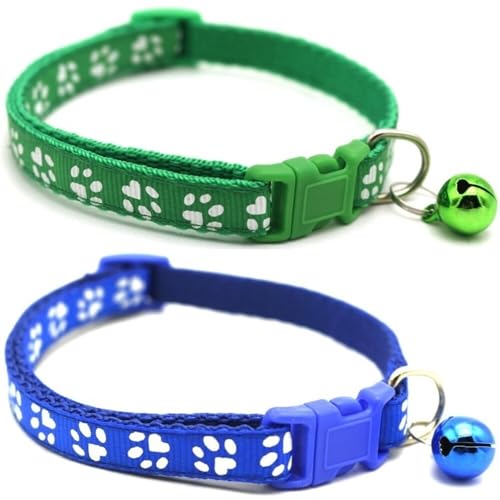 Doggie Style Store Halsbänder für kleine Hunde, Welpen, Katzen, Kätzchen, Pfotenabdruck, Nylon, mit Glöckchen, zwei Farben, Grün und Blau, 2 Stück Doggie Style Store Halsbänder für kleine Hunde, Welpen, Katzen, Kätzchen, Pfotenabdruck, Nylon, mit Glöckchen, zwei Farben, Grün und Blau, 2 Stück von Doggie Style Store