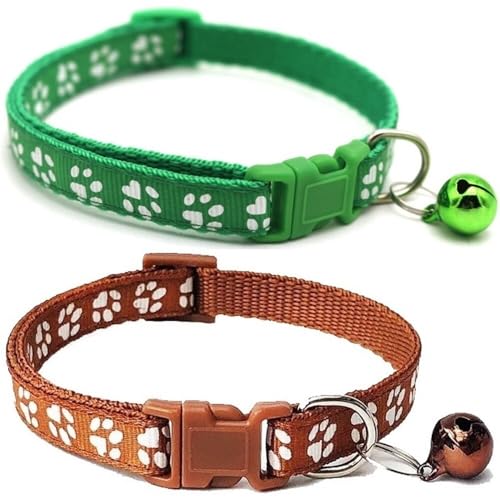 Doggie Style Store Halsbänder für kleine Hunde, Welpen, Katzen, Kätzchen, Pfotenabdruck, Nylon, mit Glöckchen, zwei Farben, Grün und Braun, 2 Stück von Doggie Style Store